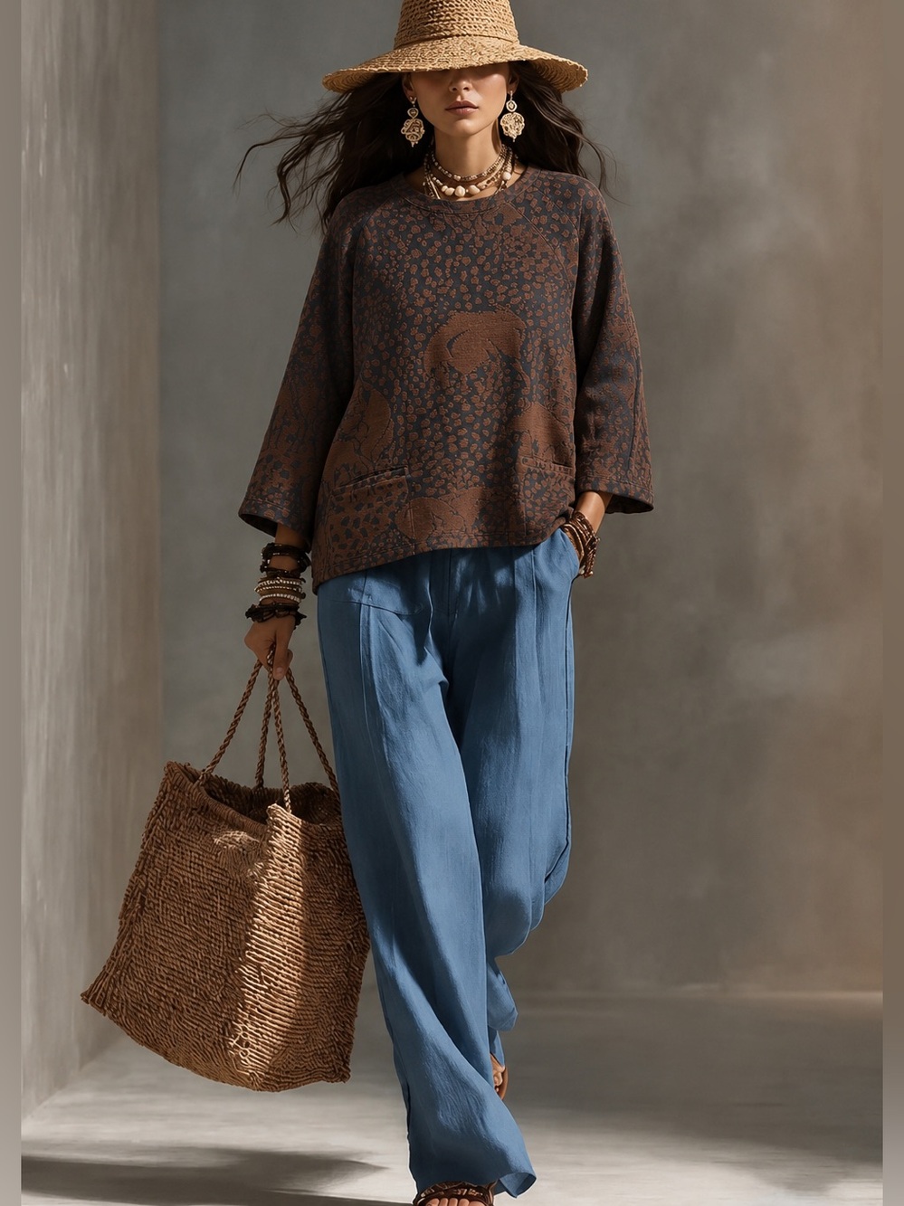 BITTE KAI RAND Copenhagen Scandinavian  lagenlook jacquard knit. brown top XXL